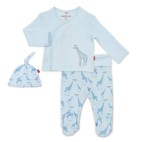 Blue Jolie Giraffe organic cotton magnetic take-me-home kimono set