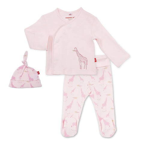 Pink Jolie Giraffe organic cotton magnetic take-me-home kimono set