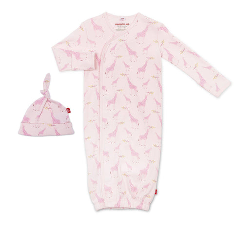 Pink Jollie Giraffe organic cotton magnetic cozy sleeper gown + hat set