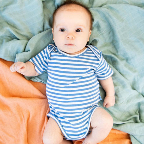 blue and white yarn-dye stripe organic cotton magnetic bodysuit-Magnetic Me