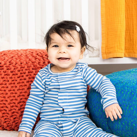 blue and white yarn-dye stripe organic cotton magnetic footie-Magnetic Me
