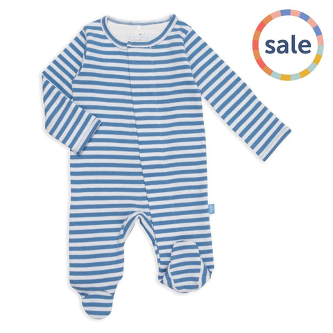 blue and white yarn-dye stripe organic cotton magnetic footie-Magnetic Me