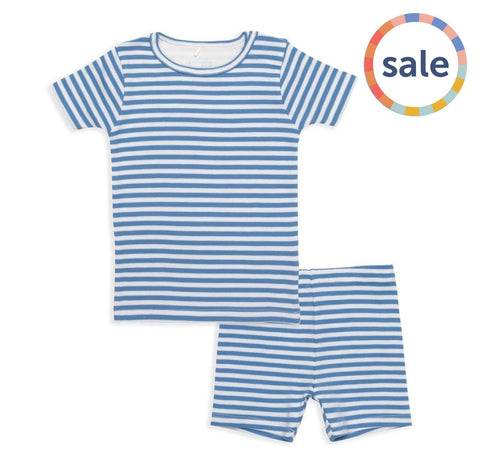 blue and white yarn-dye stripe organic cotton magnetic toddler pjs - shorts-Magnetic Me