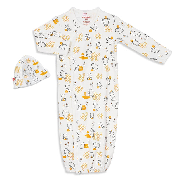 honey bee mine organic cotton magnetic cozy sleeper gown + hat set