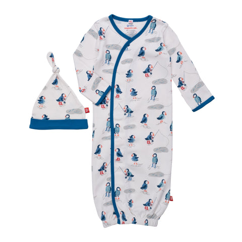 stud puffin organic cotton magnetic cozy sleeper gown + hat set