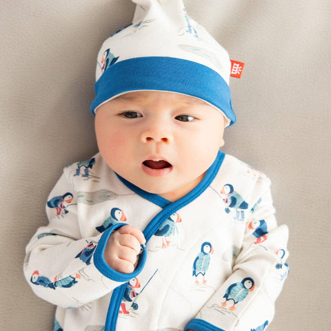 stud puffin organic cotton magnetic cozy sleeper gown + hat set