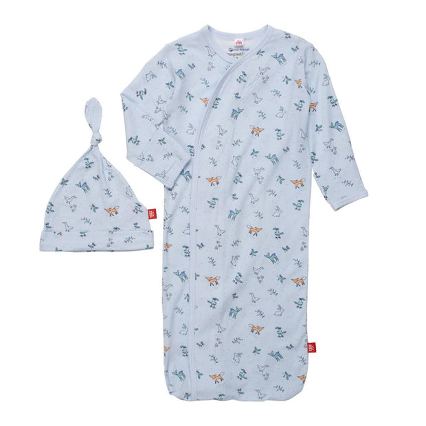 woodsy tale modal magnetic cozy sleeper gown + hat set | blue