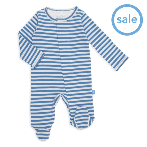 blue and white yarn-dye stripe organic cotton magnetic footie