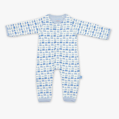 blue dancing elephants organic cotton magnetic coverall