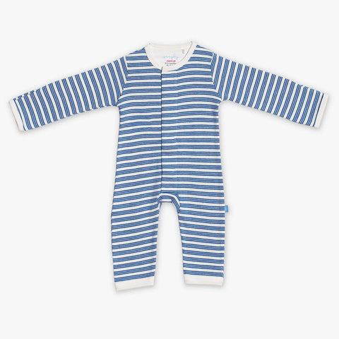 blue yarn-dye stripe organic cotton magnetic coverall