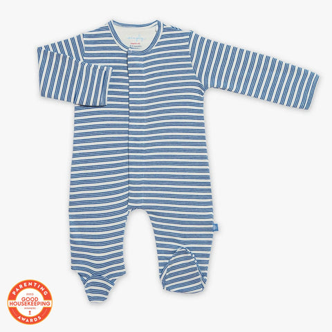 blue yarn-dye stripe organic cotton magnetic footie