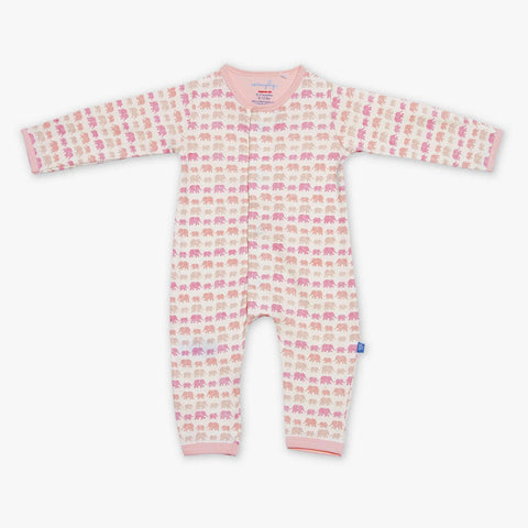 pink dancing elephants organic cotton magnetic coverall