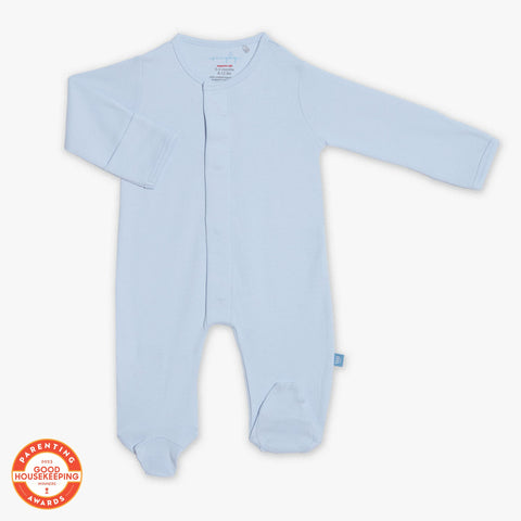 soft baby blue organic cotton magnetic footie